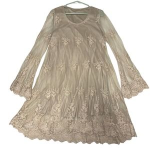 beige dress embroidered trim semi sheer long sleeves M